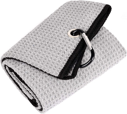 Tri-Fold Golf Towel | Premium Microfiber Fabric | Waffle Pattern | with Heavy Duty Carabiner Clip | Golf Towel for Men and Women (Gray Golf Towel)